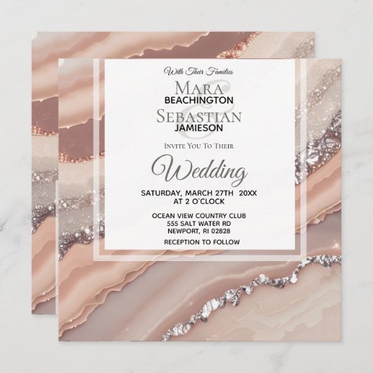 Invitation *~* Saumon QR Peach SILVER AGATE RSVP AR66 Mariage (Devant / Derrière)
