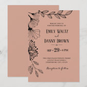 Invitation Saumon rose Botanique Simple Doodle Mariage Floral (Devant / Derrière)