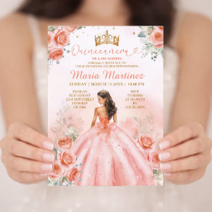 Invitation Saumon Rose Pêche Princesse Florale Or Quinceañera