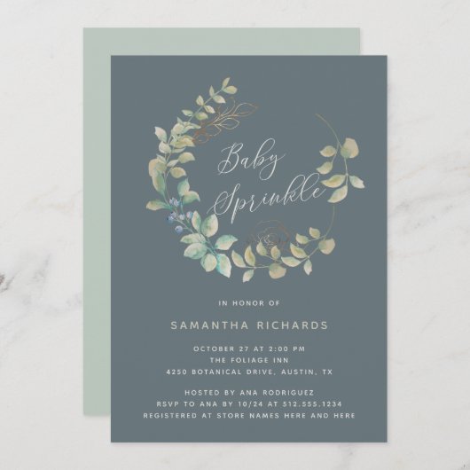 Invitation Saupoudrage de bébé botanique en or à couronne feu (Devant / Derrière)