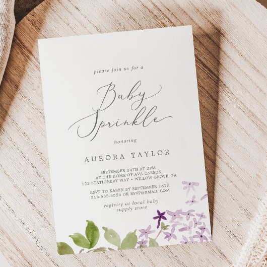 Invitation Saupoudrage de bébé Lilac rustique