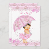 Invitation Saupoudrer Baby shower fille floral rose parapluie (Devant / Derrière)