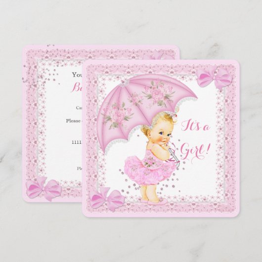 Invitation Saupoudrer Baby shower fille rose parapluie Blonde (Devant / Derrière)