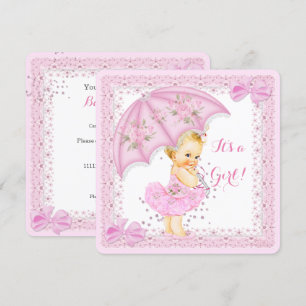 Invitation Saupoudrer Baby shower fille rose parapluie Blonde