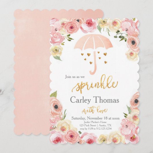 Invitation Saupoudrer Baby shower Pastel Floral Gold Glam (Devant / Derrière)