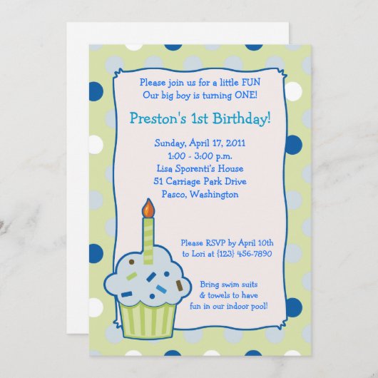 Invitation Saupoudrer Cupcake 5x7 Garçon 1er anniversaire Inv (Devant / Derrière)