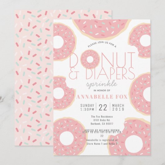 Invitation Saupoudrer de Baby shower rose de beignes et de pl (Devant / Derrière)