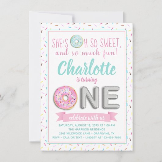 Invitation Saupoudrer le ballon à huile de Donut 1er annivers (Devant)