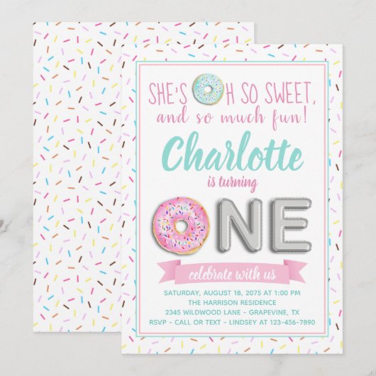 Invitation Saupoudrer le ballon à huile de Donut Première fêt (Devant / Derrière)