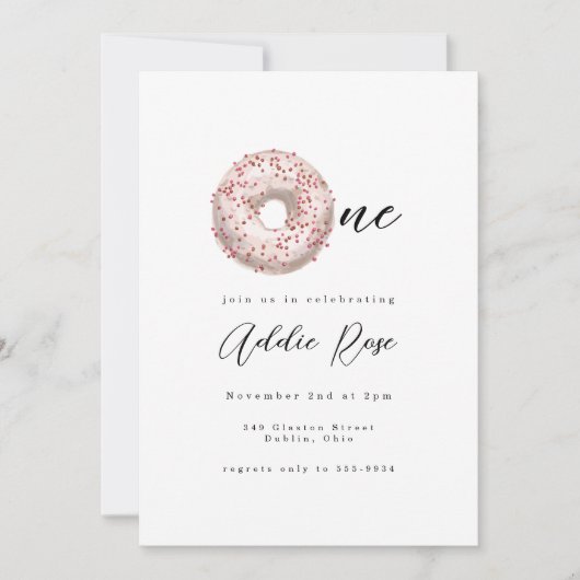 Invitation Saupoudrer rose Donut One Girl First Birthday (Devant)