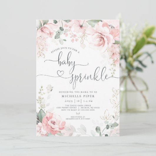 Invitation Saupoudrer rose floral, Aquarelle Peony Baby (Debout devant)
