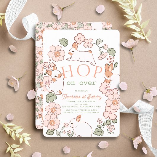 Invitation Sauter sur Bunny Boho Floral 1er anniversaire