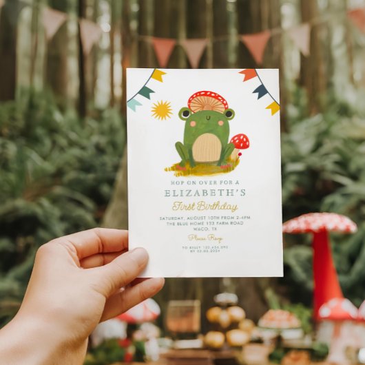 Invitation Sauter sur la grenouille Champignons Anniversaire