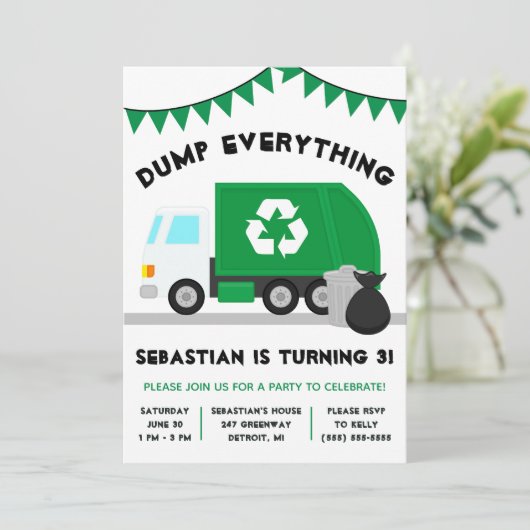 Invitation Sautez tout ! Ordures, Camion de recyclage Anniver (Debout devant)