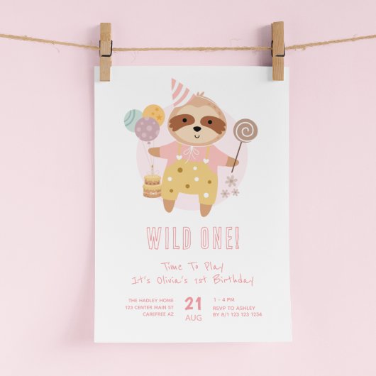 Invitation Sauvage Boho Paresseux Rose 1er Anniversaire