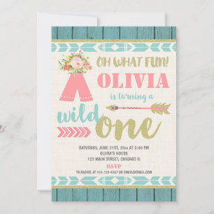 Invitation Sauvage boho rose turquoise 1er premier anniversai