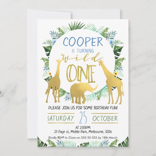 Invitation sauvage d'anniversaire d'animaux d'or (Devant)