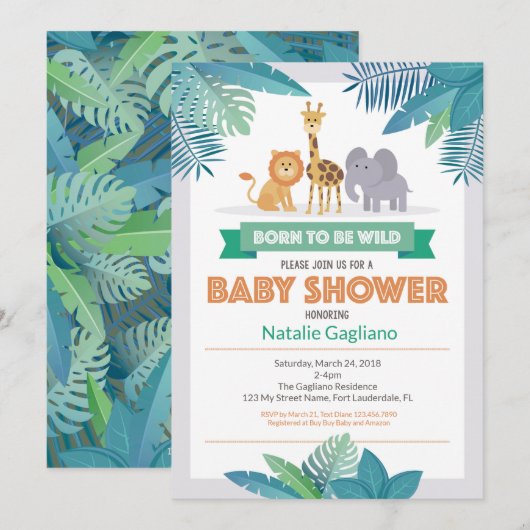 Invitation sauvage née de baby shower de safari de (Devant / Derrière)