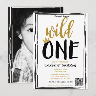 Invitation Sauvage Noir + Or Photo 1 1er Anniversaire code QR