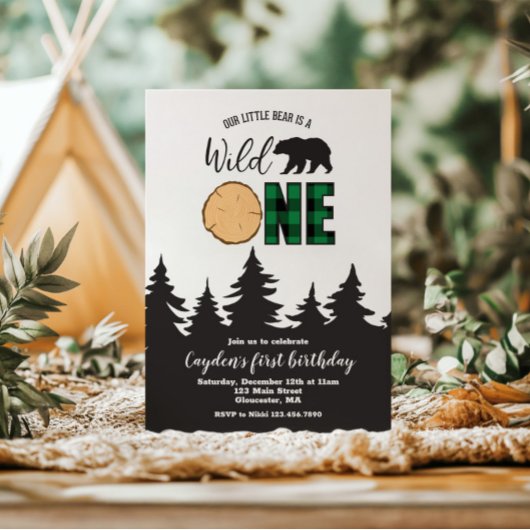 Invitation Sauvage Ourson Vert Buffalo Plaid Premier Annivers