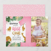 Invitation Sauvage Une Safari Fille d'Or Animaux Roses Annive (Devant / Derrière)