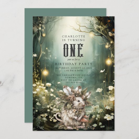 Invitation Sauvage Une Souris de Forêt Enchantée 1er annivers (Devant / Derrière)