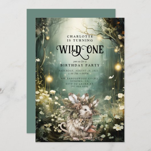 Invitation Sauvage Une Souris de Forêt Enchantée 1er annivers (Devant / Derrière)