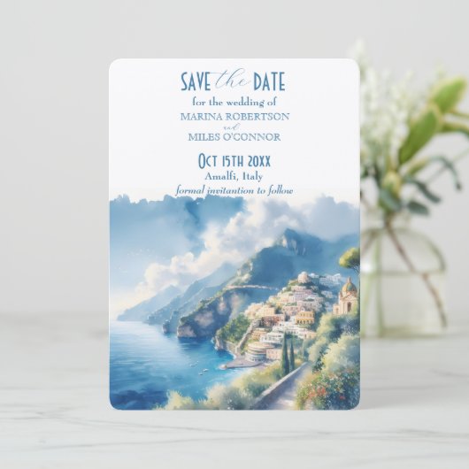 Invitation Sauvegarder la date Aquarelle Amalfi Italie Destin (Debout devant)