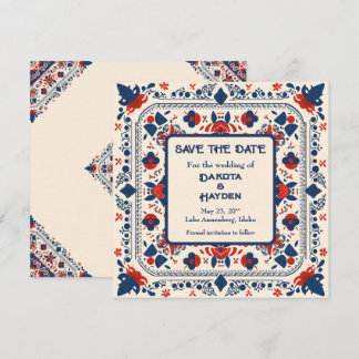 Invitation Sauvegarder la date, art folklorique floral, rouge