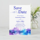 Invitation Sauvegarder la date Bleu et Violet (Debout devant)
