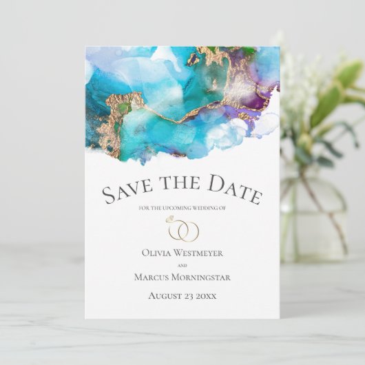 Invitation Sauvegarder la date Encre Abstraite Teal Améthyste (Debout devant)