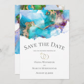 Invitation Sauvegarder la date Encre Abstraite Teal Améthyste (Devant / Derrière)