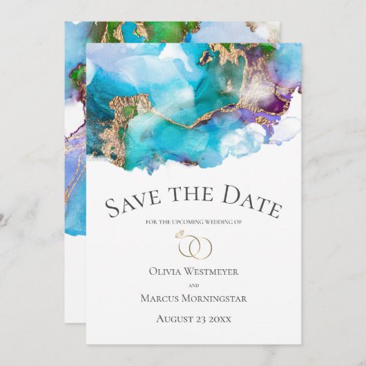 Invitation Sauvegarder la date Encre Abstraite Teal Améthyste (Devant / Derrière)
