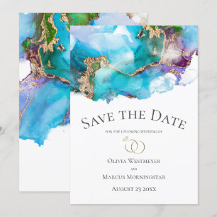 Invitation Sauvegarder la date Encre Abstraite Teal Améthyste
