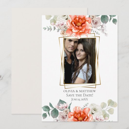 Invitation Sauvegarder la date | Fleurs de pivoine corail int (Devant / Derrière)