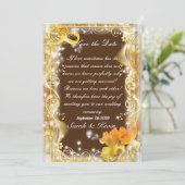 Invitation Sauvegarder la date orange or & marron fond aquare (Debout devant)