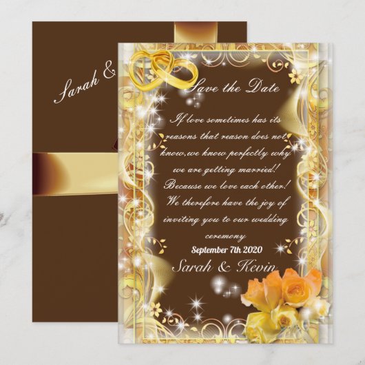 Invitation Sauvegarder la date orange or & marron fond aquare (Devant / Derrière)