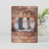 Invitation Sauvegarder la date Photo de mariage rustique en b (Debout devant)
