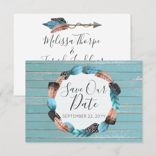 Invitation Sauvegarder la date Plumes de Turquoise Rustique B (Devant / Derrière)