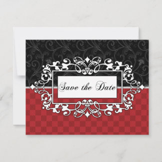 Invitation Sauvegarder la date rouge et noir Élégant Scroll p