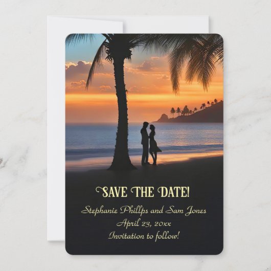Invitation Sauver la Date Couple Romantique de Plage Tropical (Devant)