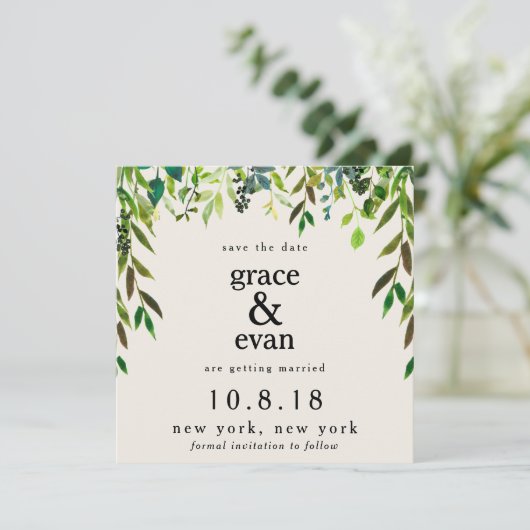 Invitation Sauver la Date Feuille Florale Verte Couronne d'Ol (Debout devant)