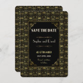 Invitation Sauver la date | Or Art Déco Noir des Années Folle (Devant / Derrière)