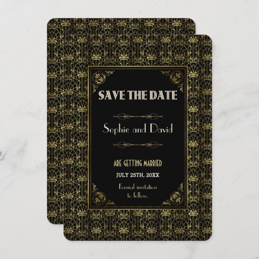 Invitation Sauver la date | Or Art Déco Noir des Années Folle (Devant / Derrière)