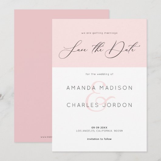 Invitation Sauver la date typographie moderne rose et blanc (Devant / Derrière)