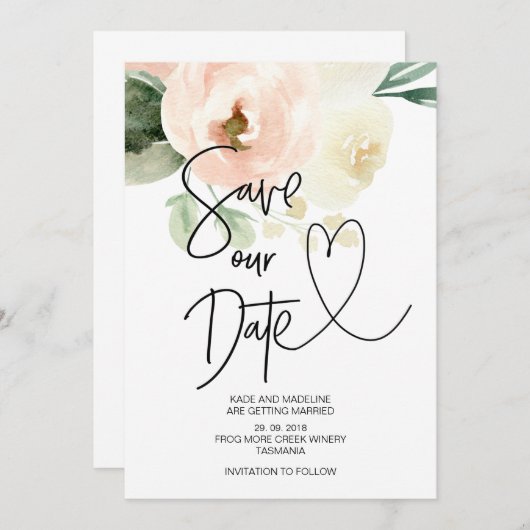 Invitation Sauver notre date Fleurs roses blush Mariage (Devant / Derrière)