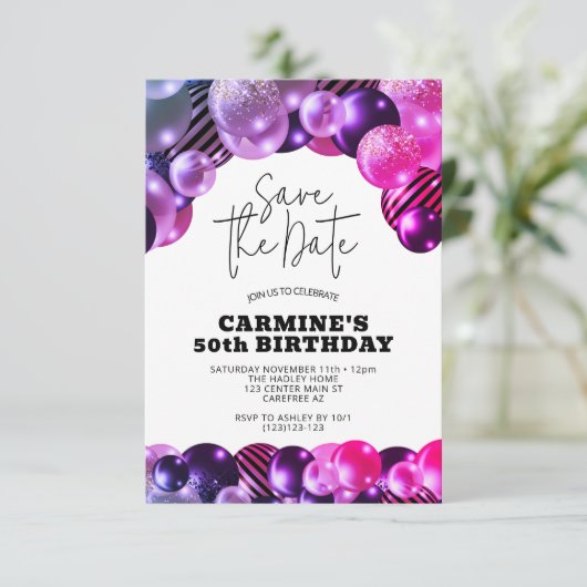 Invitation Sauvez la date Fuchsia 50e fête d'anniversaire (Debout devant)