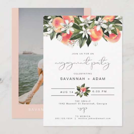 Invitation SAVANNAH Peach Botanical Floral Engagement Party (Devant / Derrière)