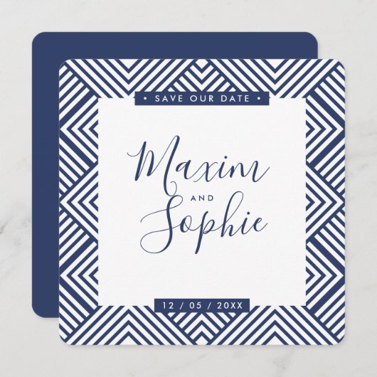 Invitation SAVE NOTRE DATE simple geo moderne mariage marine  (Devant / Derrière)