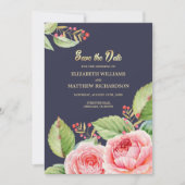 Invitation Save the date. Aquarelle bleu marine Floral (Devant)
